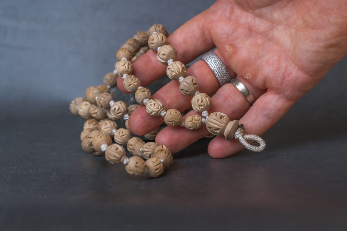 Natural Stylish Japa mala with Radhe carving Tulasi .Handmade tulsi Japa-hare krishna mala