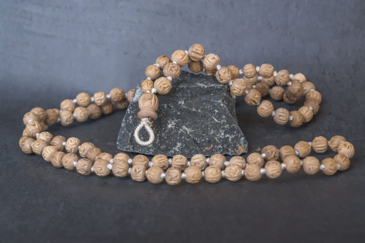 Natural Stylish Japa mala with Radhe carving Tulasi .Handmade tulsi Japa-hare krishna mala