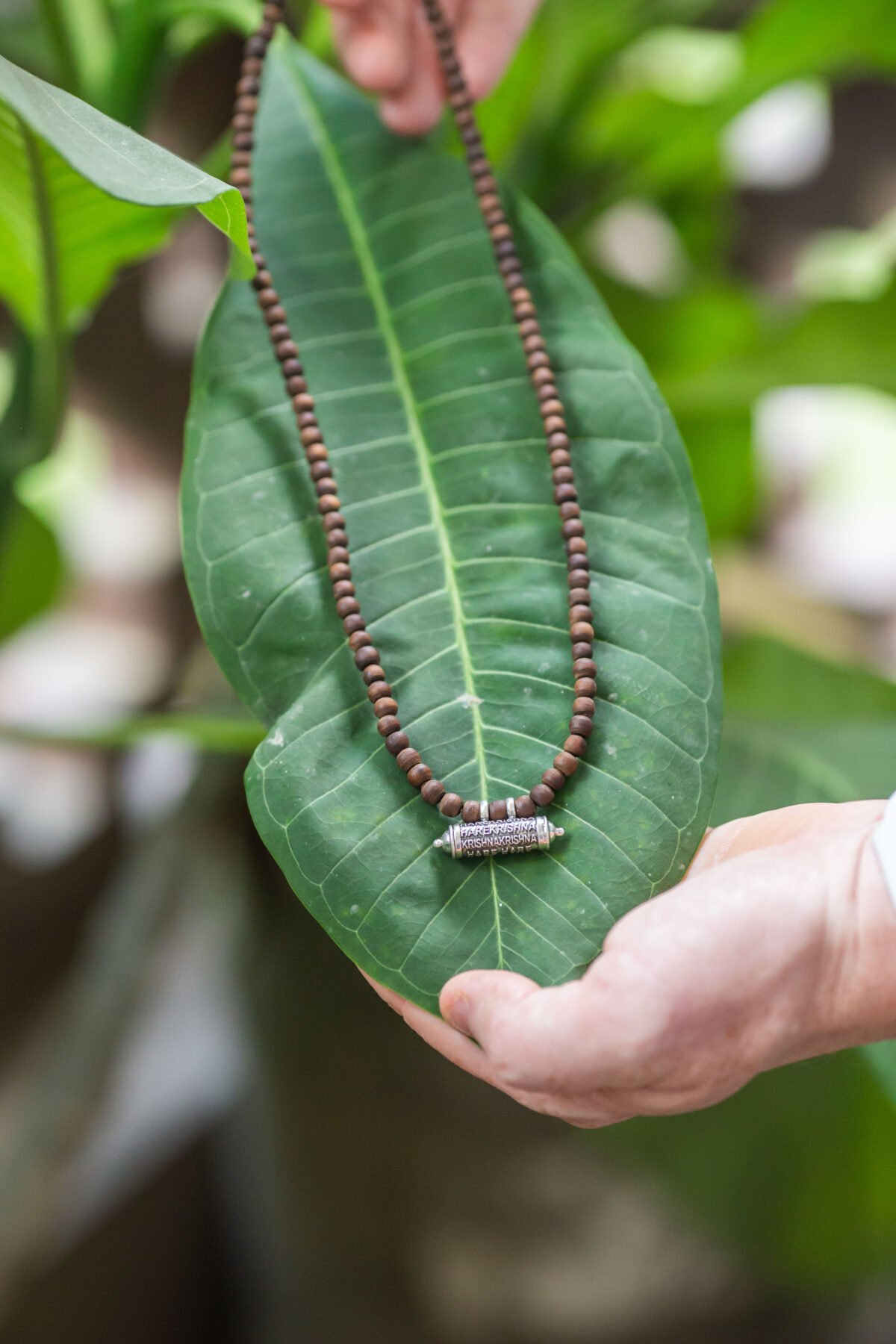 Silver Mahamantra Narasimhadev kavacha Pendant with Tulasi. Handmade tulsi necklace - hare krishna kanthi mala, , Krishna Style