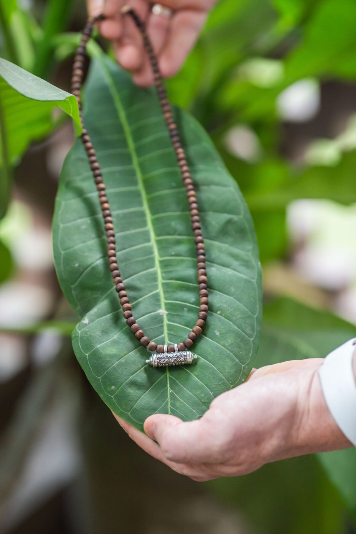 Silver Mahamantra Narasimhadev kavacha Pendant with Tulasi. Handmade tulsi necklace - hare krishna kanthi mala, , Krishna Style