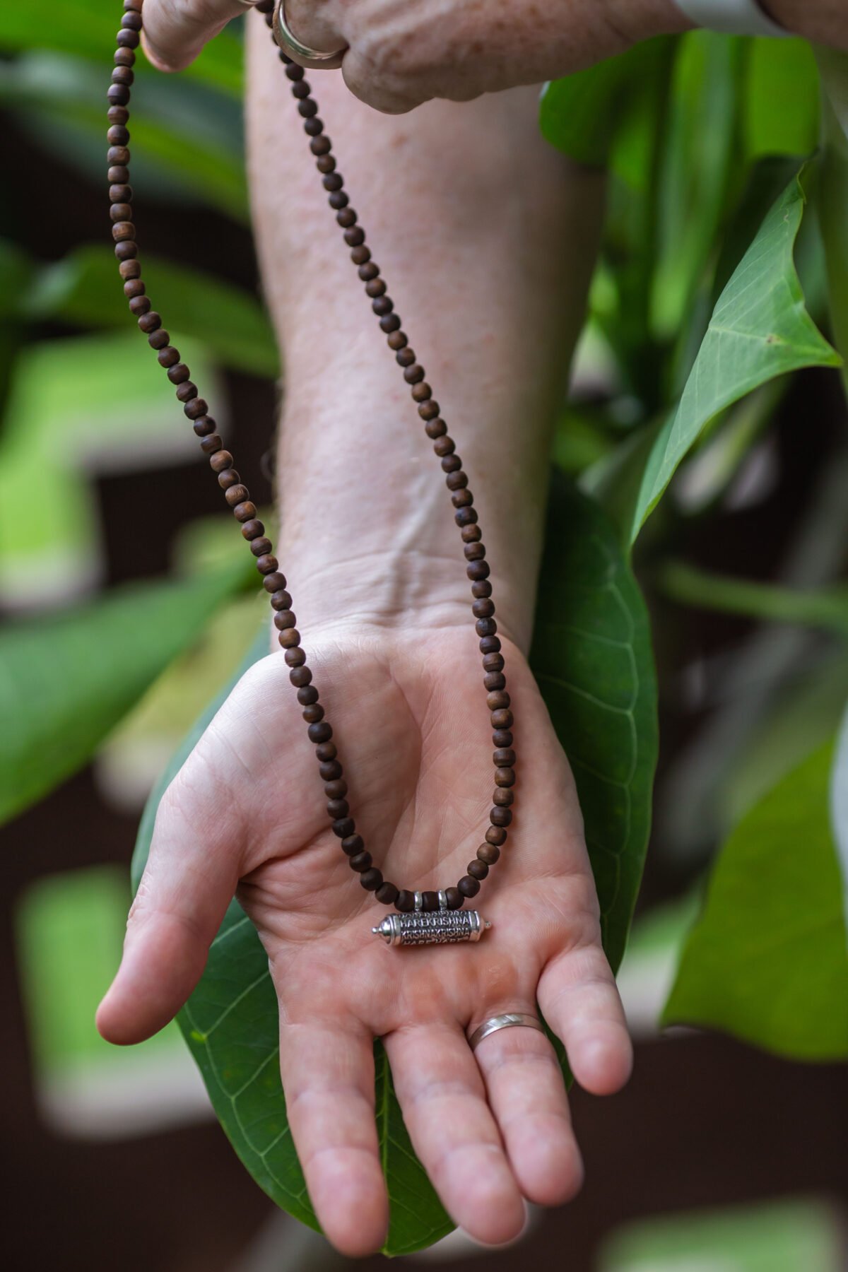 Silver Mahamantra Narasimhadev kavacha Pendant with Tulasi. Handmade tulsi necklace - hare krishna kanthi mala, , Krishna Style