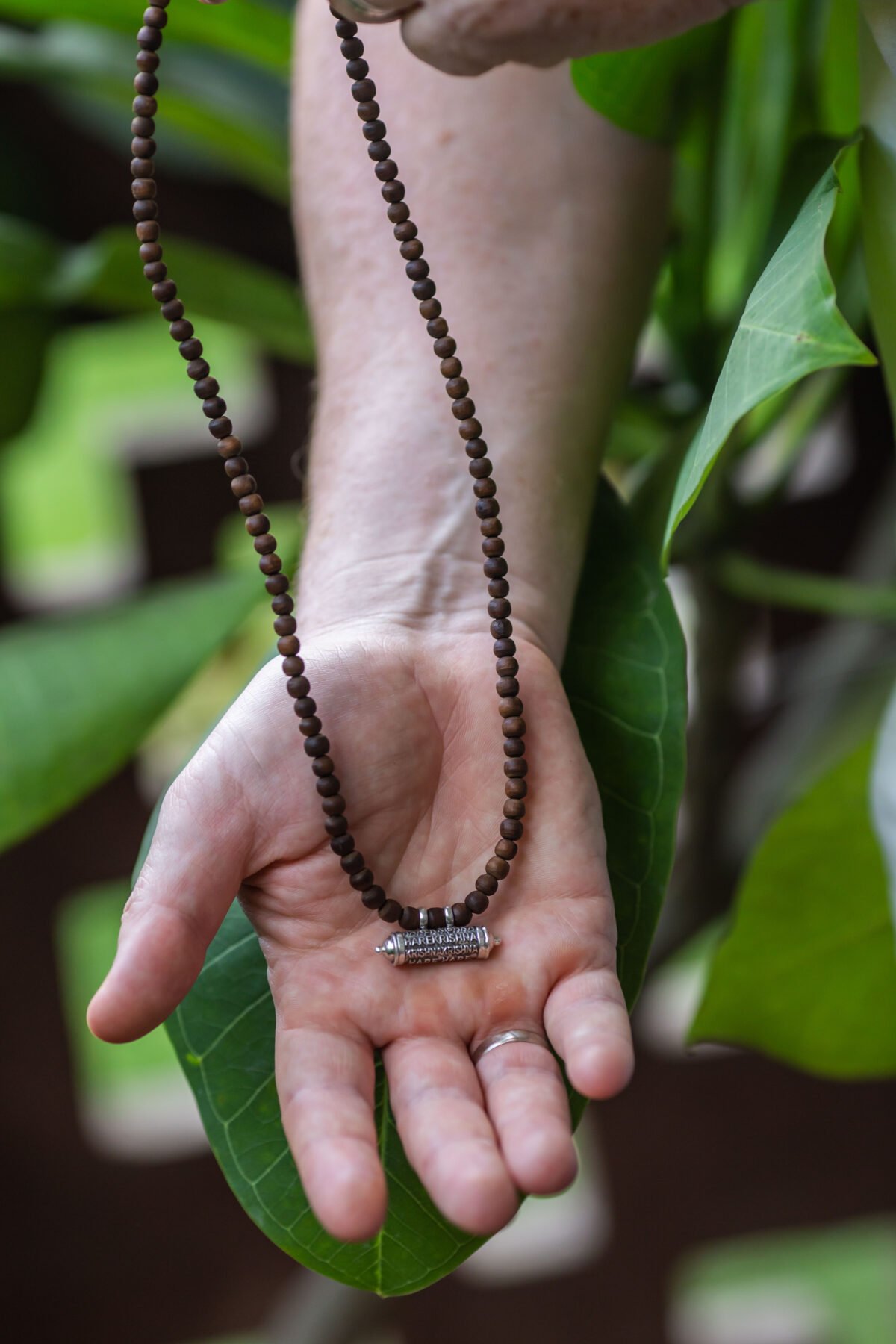 Silver Mahamantra Narasimhadev kavacha Pendant with Tulasi. Handmade tulsi necklace - hare krishna kanthi mala, , Krishna Style