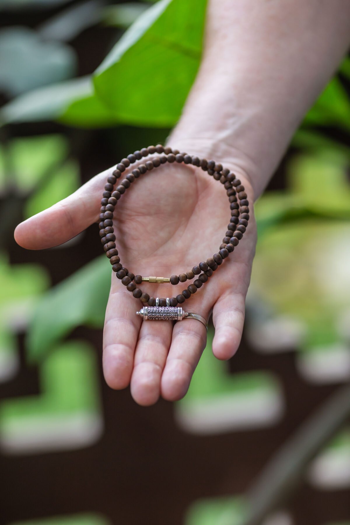 Silver Mahamantra Narasimhadev kavacha Pendant with Tulasi. Handmade tulsi necklace - hare krishna kanthi mala, , Krishna Style