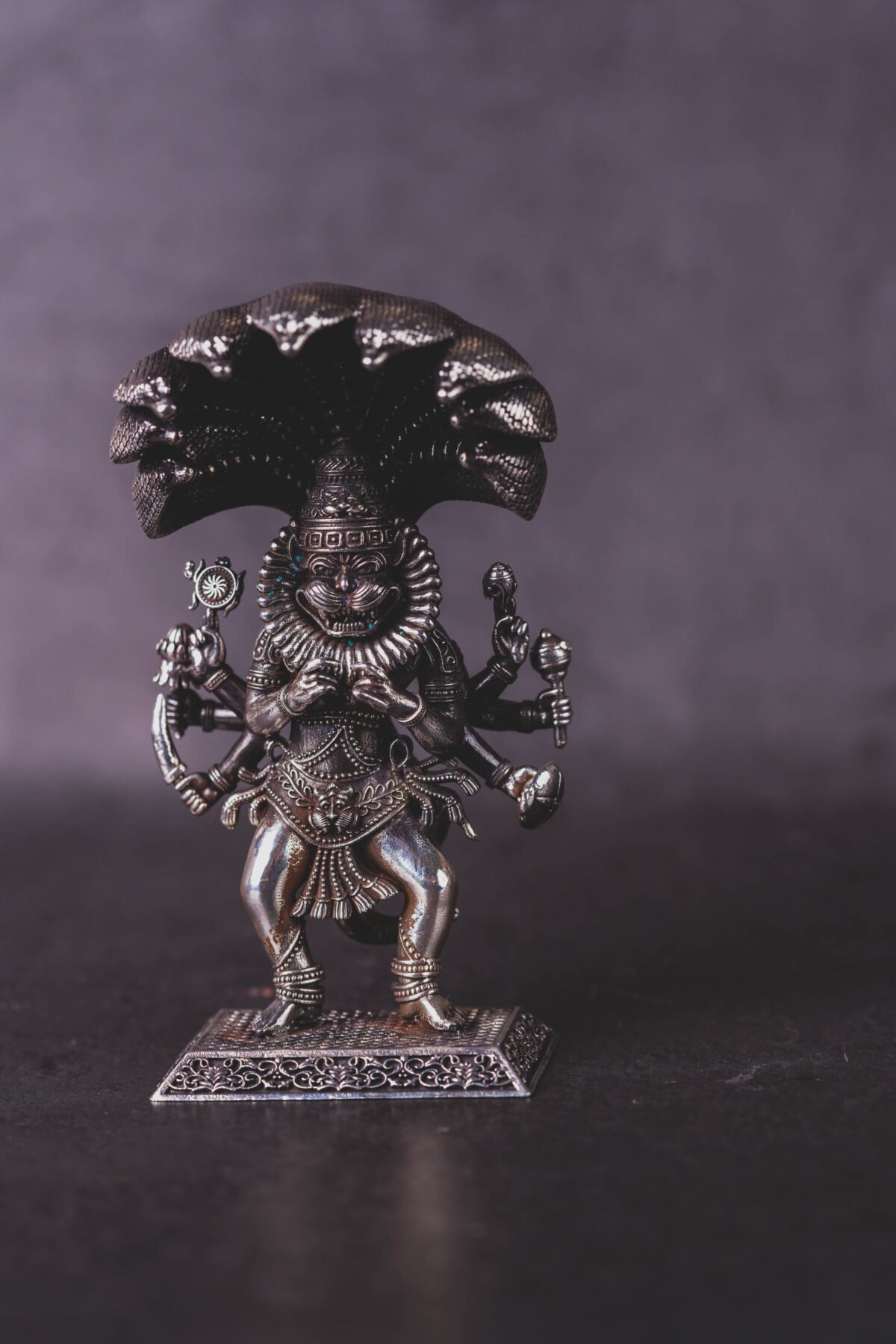 Unique Silver Mayapur  Nrisimhadev murti with Ananta Shesha  (solid) 3.30 inches, Pure Silver(192) grams, Narasimhadev idol.