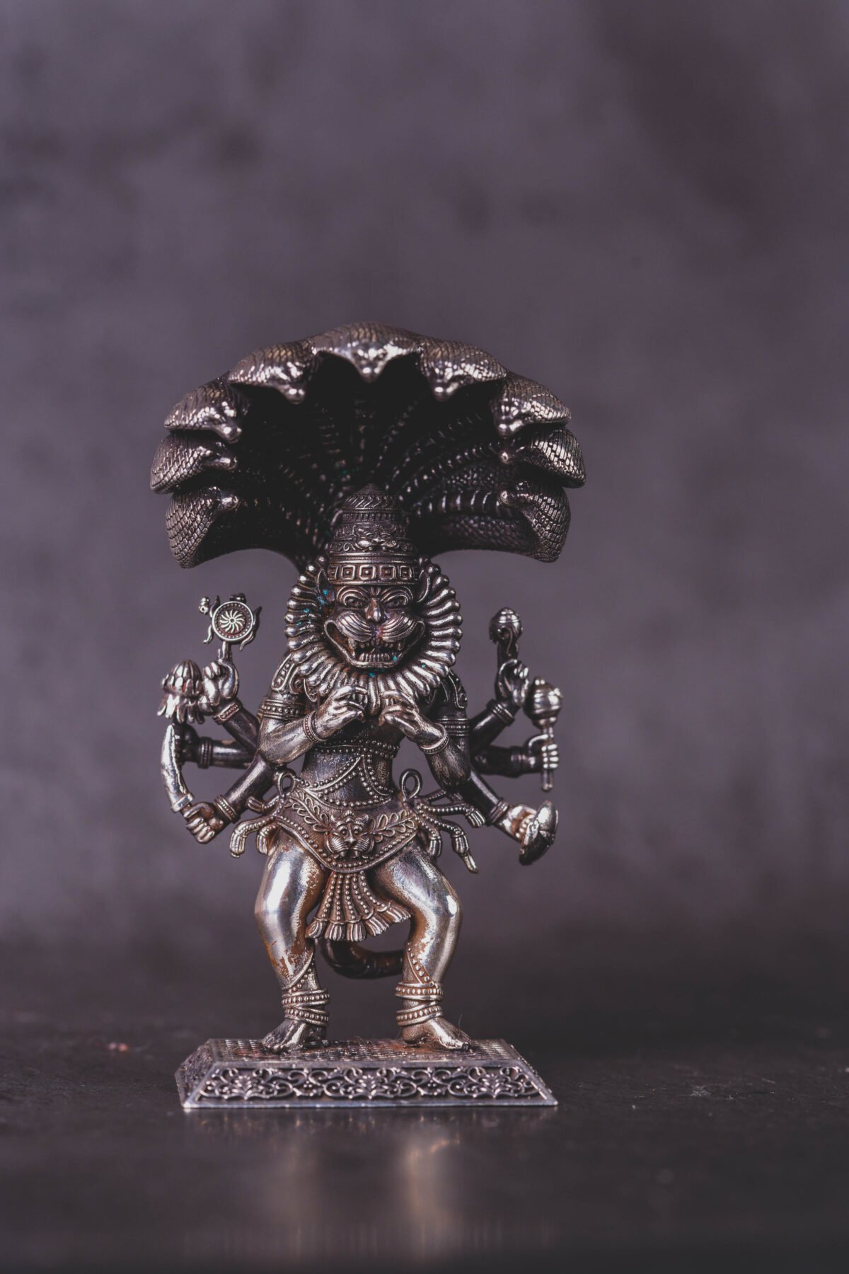 Unique Silver Mayapur  Nrisimhadev murti with Ananta Shesha  (solid) 3.30 inches, Pure Silver(192) grams, Narasimhadev idol.