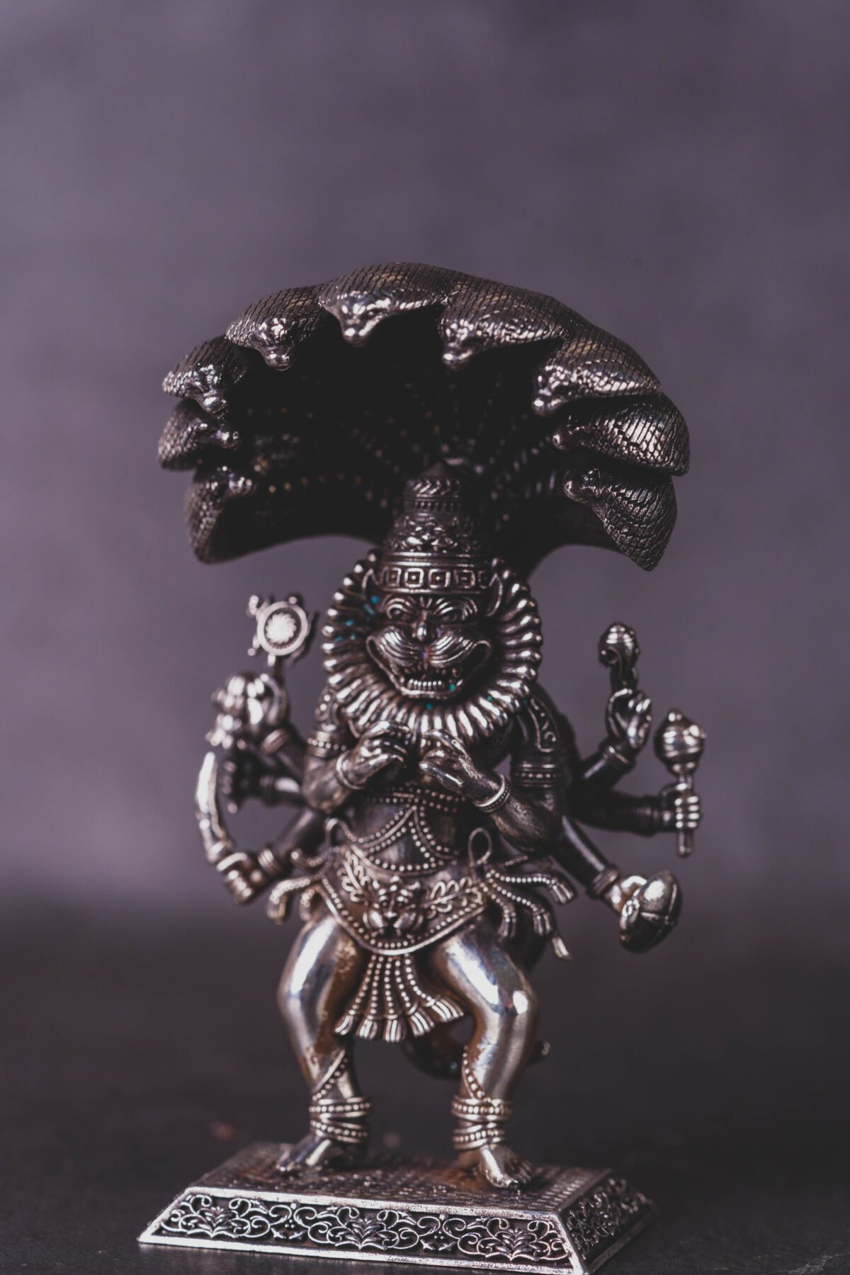 Unique Silver Mayapur  Nrisimhadev murti with Ananta Shesha  (solid) 3.30 inches, Pure Silver(192) grams, Narasimhadev idol.