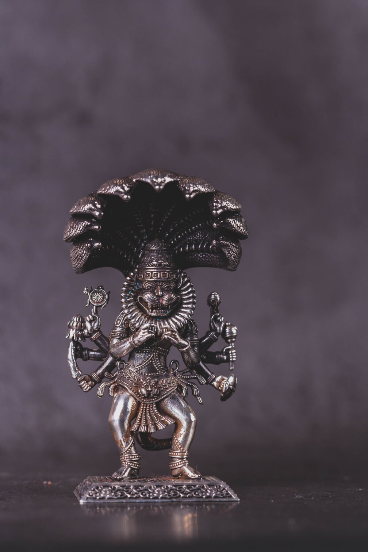 Unique Silver Mayapur  Nrisimhadev murti with Ananta Shesha  (solid) 3.30 inches, Pure Silver(192) grams, Narasimhadev idol.