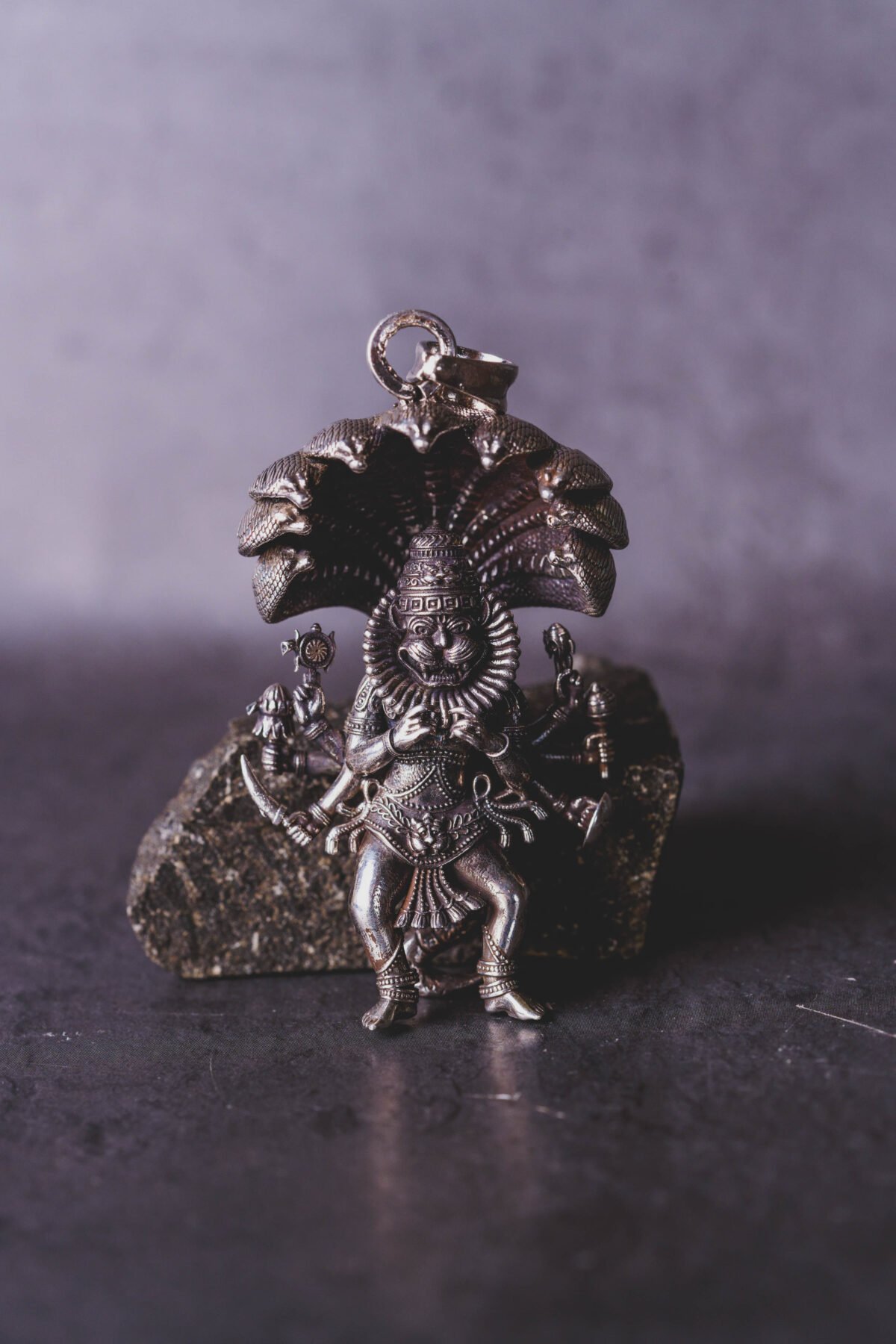 Unique Silver Mayapur  Nrisimhadev Pendant with Ananta Shesha  (solid) 2.5 inches, Pure Silver(67) grams, Narasimhadev idol.