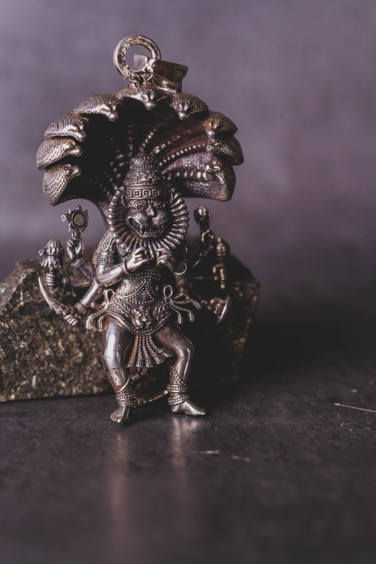 Unique Silver Mayapur  Nrisimhadev Pendant with Ananta Shesha  (solid) 2.5 inches, Pure Silver(67) grams, Narasimhadev idol.