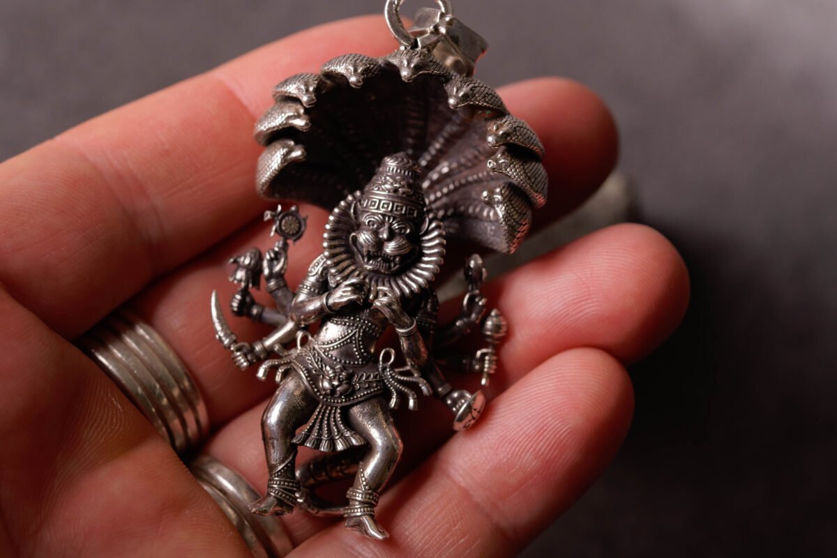 Unique Silver Mayapur  Nrisimhadev Pendant with Ananta Shesha  (solid) 2.5 inches, Pure Silver(67) grams, Narasimhadev idol.