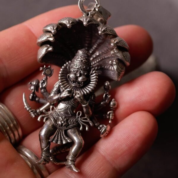 Unique Silver Mayapur  Nrisimhadev Pendant with Ananta Shesha  (solid) 2.5 inches, Pure Silver(67) grams, Narasimhadev idol.