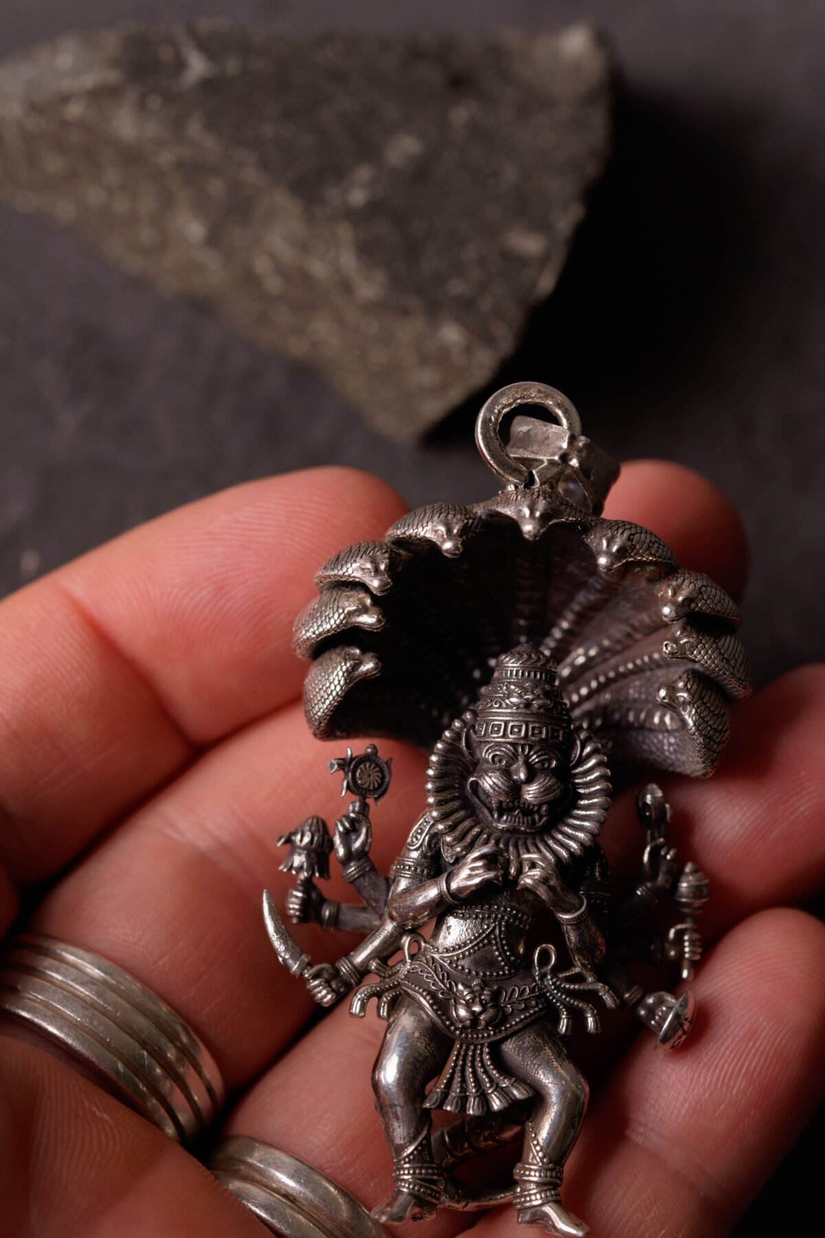 Unique Silver Mayapur  Nrisimhadev Pendant with Ananta Shesha  (solid) 2.5 inches, Pure Silver(67) grams, Narasimhadev idol.