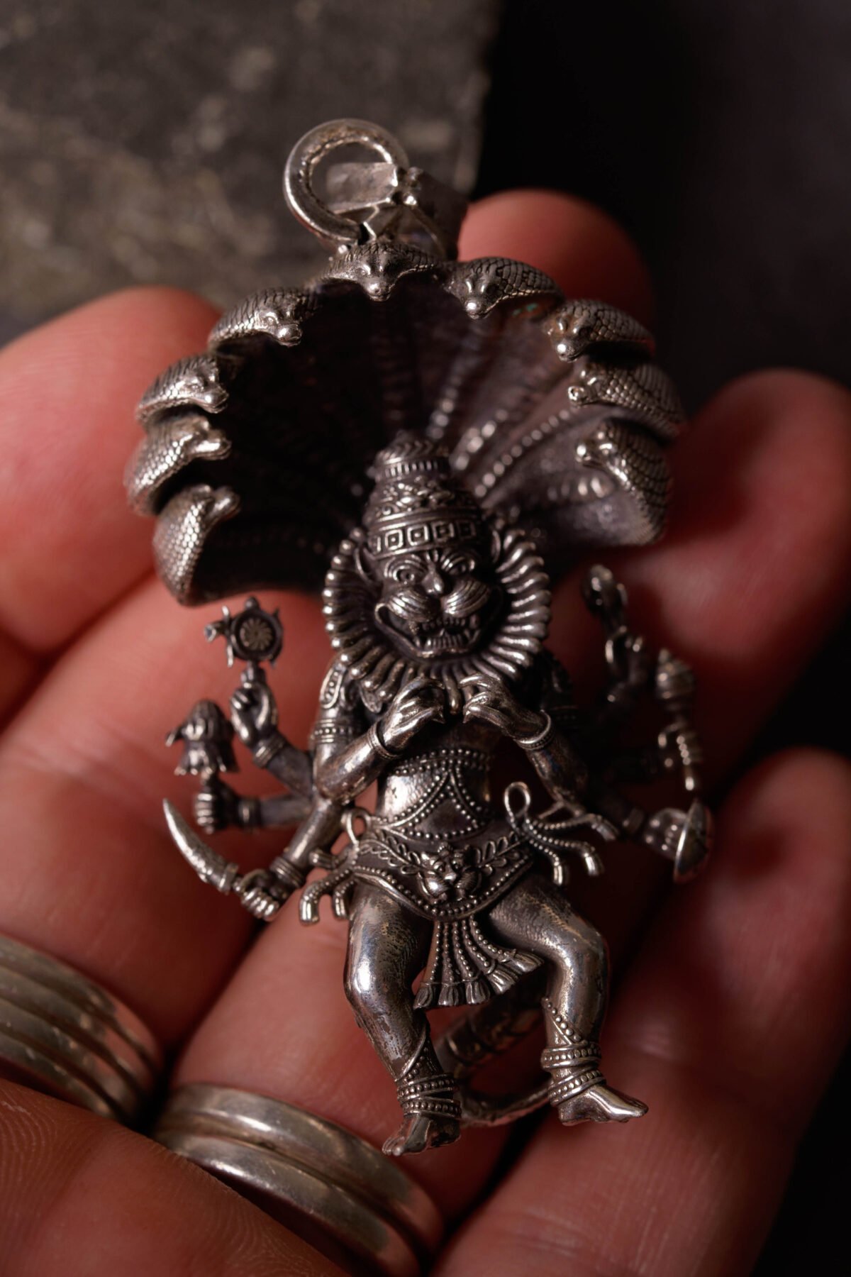 Unique Silver Mayapur  Nrisimhadev Pendant with Ananta Shesha  (solid) 2.5 inches, Pure Silver(67) grams, Narasimhadev idol.