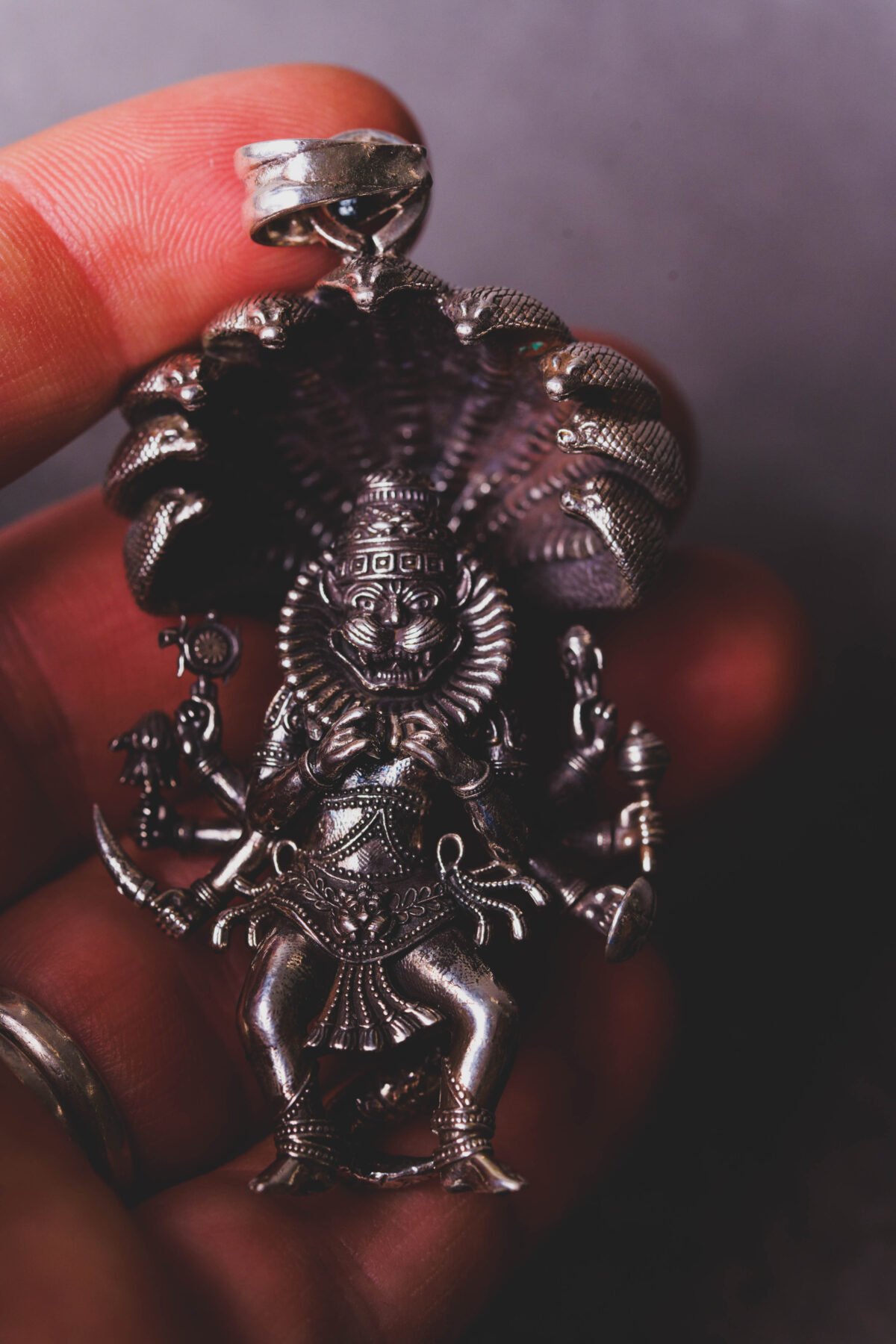 Unique Silver Mayapur  Nrisimhadev Pendant with Ananta Shesha  (solid) 2.5 inches, Pure Silver(67) grams, Narasimhadev idol.