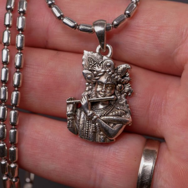 Krishna with flute silver pendant  with Silver Chain  ,Handmade necklace - hare krishna kanthi mala, , Krishna Style, Holy Hanuman
