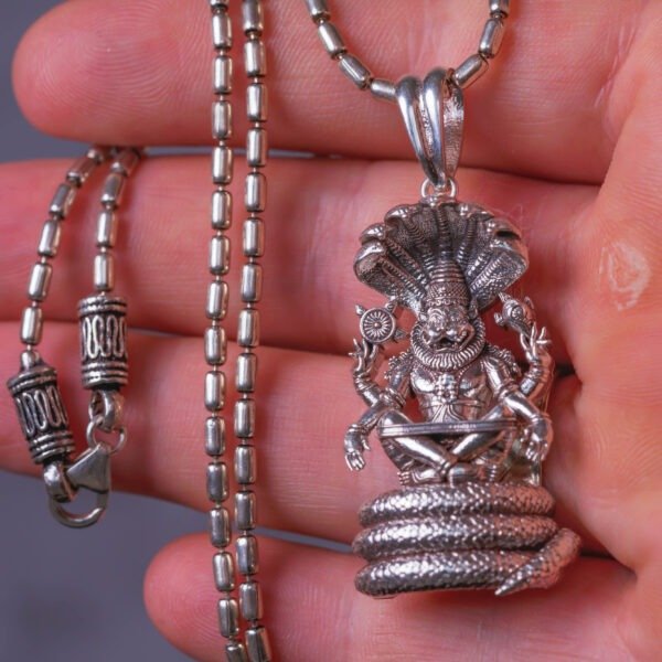 Nrisimhadev silver pendant with Silver Chain ,Handmade necklace - hare krishna kanthi mala, , Krishna Style, Holy name Nrisimhadev