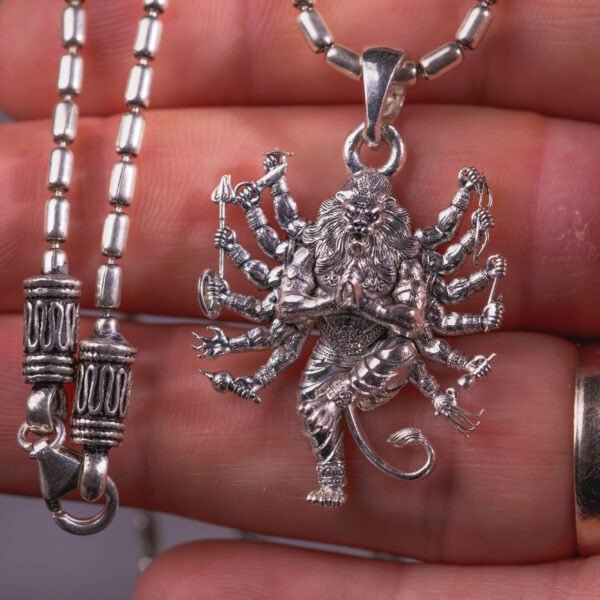 Nrisimhadev silver pendant with Silver Chain ,Handmade necklace - hare krishna kanthi mala, , Krishna Style, Holy name Nrisimhadev