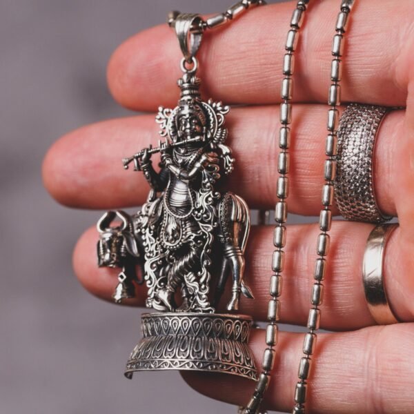 Krishna with flute silver pendant  with Silver Chain  ,Handmade necklace - hare krishna kanthi mala, , Krishna Style, Holy Hanuman