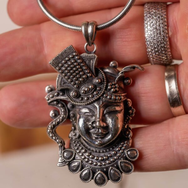 Krishna with flute silver pendant  with Silver Chain  ,Handmade necklace - hare krishna kanthi mala, , Krishna Style, Holy name