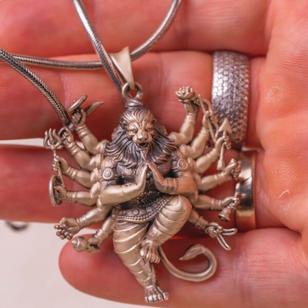 Nrisimhadev silver pendant with Silver Chain ,Handmade necklace - hare krishna kanthi mala, , Krishna Style, Holy name Nrisimhadev