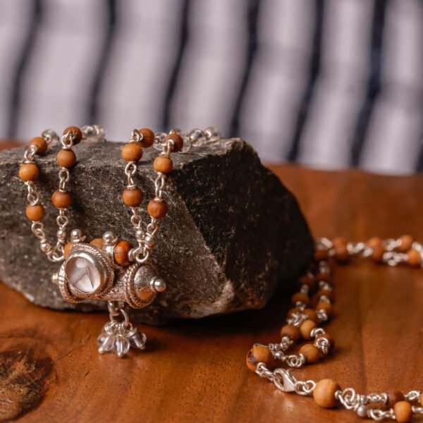 Stylish Mala with Cristal in Silver with Tulasi and Kavacha from Dhama, Krishna mood, Radha Style