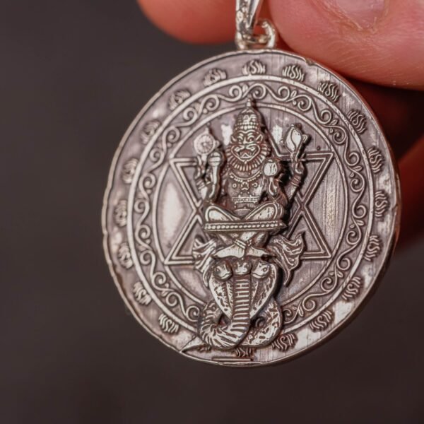 Pure 92.5 Sterling Silver Nrisimhadev Yantra Coin pendant. Invoke the fierce yet compassionate protection of Lord Nrisimhadev