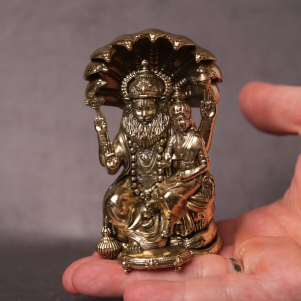 Brass Narasimha with Lakshmi Murti – 3 Inch Hindu God Statue for Home Altar, Puja & Spiritual Decor