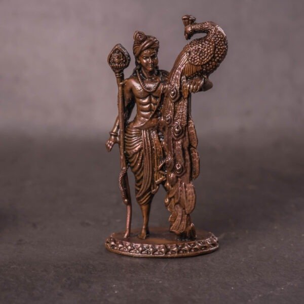 Copper Murugan Statue 3.5 Inch – Kartikeya with Peacock Handmade Idol