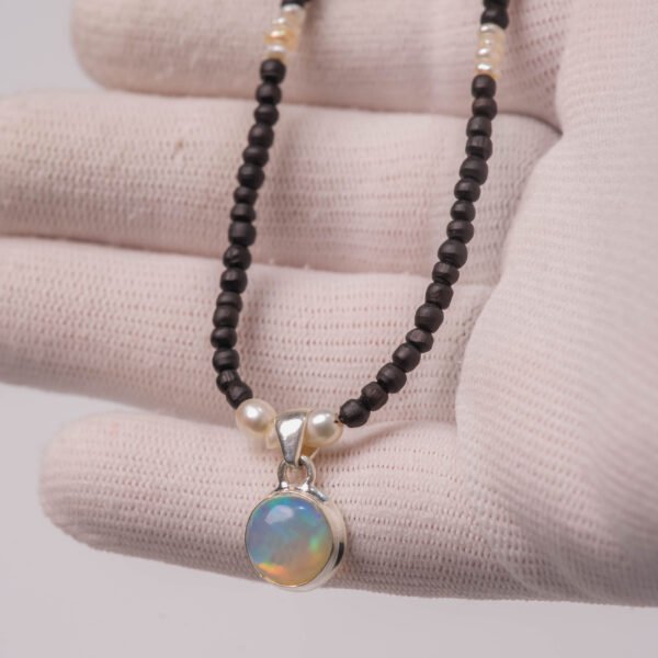 Tulasi Mala Necklace Opal Pendant Pearl Spiritual Jewelry 17 Inch Tulsi Beads