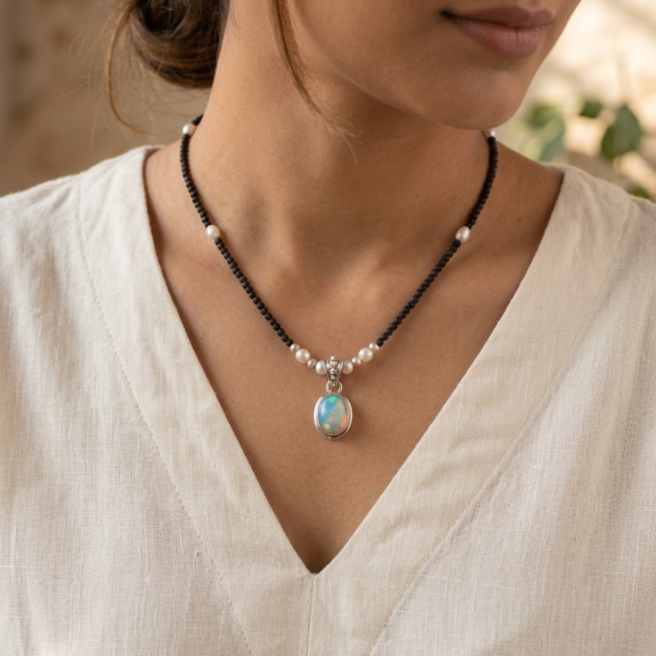 Tulasi Mala Necklace Opal Pendant Pearl Spiritual Jewelry 17 Inch