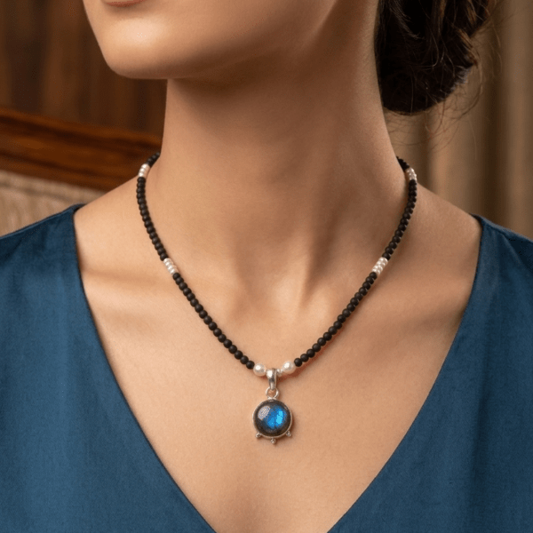 Sacred Tulasi Kanthmala with Labradorite Pendant, Handcrafted 925 Silver Spiritual Necklace