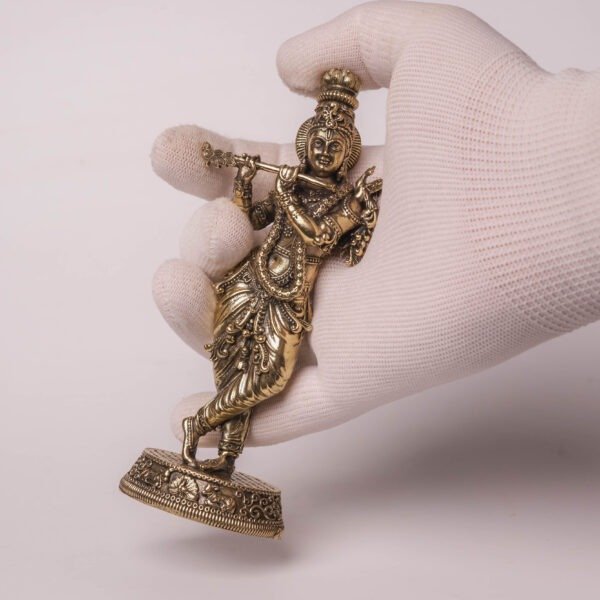 Brass Krishna Statue 5.5 Inches Handmade Hindu Deity Decor Gift