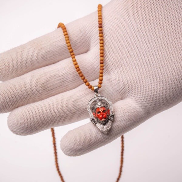 Tulasi Mala Necklace 16" with Hanuman silver Pendant Wooden Beads with Metal Spacers, Devotional Jewelry