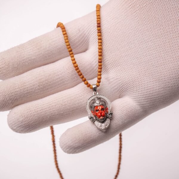 Tulasi Mala Necklace 16" with Hanuman silver Pendant Wooden Beads with Metal Spacers, Devotional Jewelry