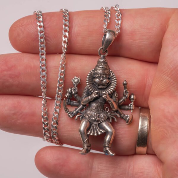 925 Sterling Silver Narasimhadev Pendant Necklace, Hindu Protection