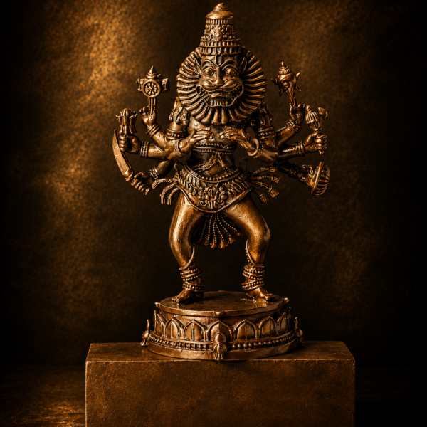 Narasimha Statue 5 Inch Copper Murti, Lord Nrisimhadev Deity, Ugra Narasimha Idol