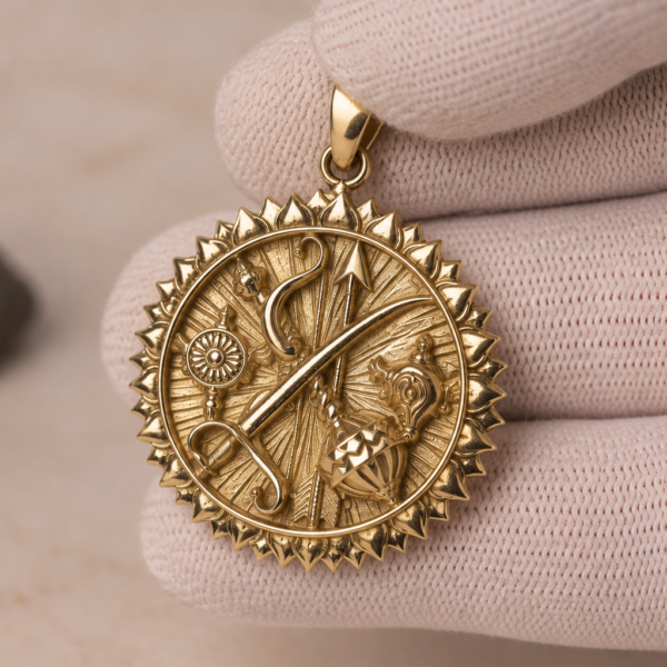 Krishna Weapons Panchaloha Pendant 1.3 Inch | Sudarshan Chakra & Sacred Vishnu Symbols