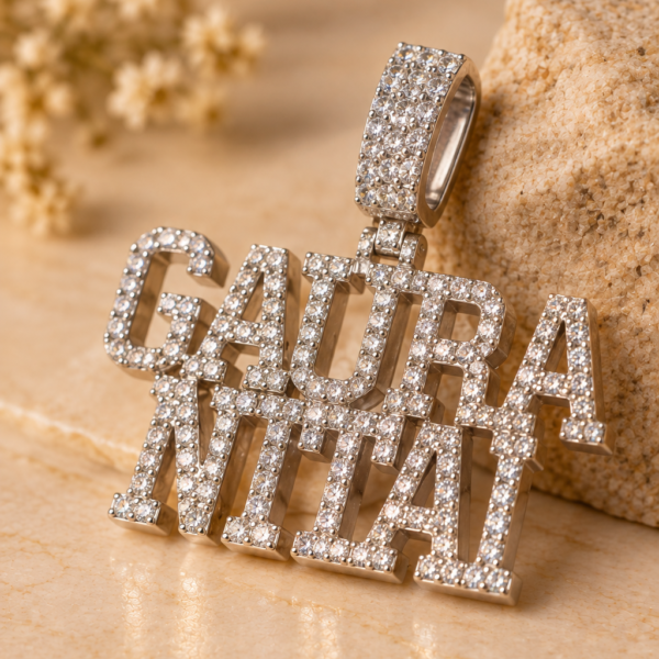 Silver Rhodium Gaura Nitai Pendant, Moissanite Devotional Jewelry