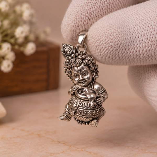 1 Inch Krishna Silver Pendant | Bal Krishna Makhan Chor