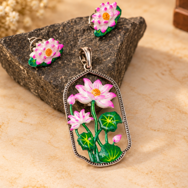 Silver Lotus Pendant and Earrings Set, Enamel Floral Jewelry