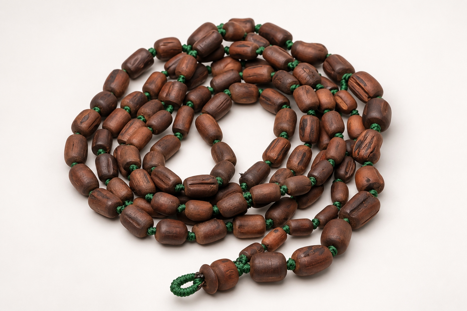 Coiled Wooden Mala with Green Cord