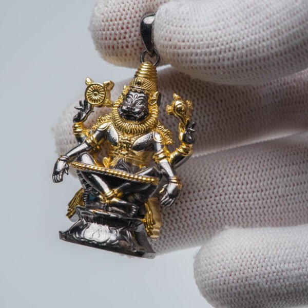 1.5 Inch Panchaloha Narasimha Pendant, Black Rhodium and Gold Plated