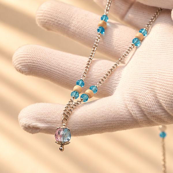 Tulasi Bead Necklace, 22 Inch Tulsi Mala with Metal Chain and Blue Beads