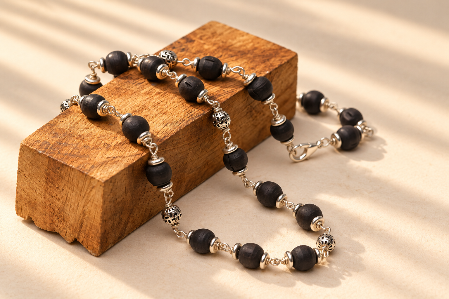 Handcrafted Beaded Necklace on Rustic Wood