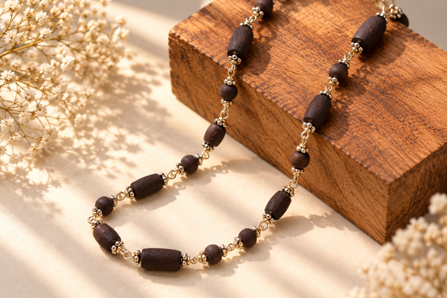 Handcrafted Wooden Bead Necklace in Sunlight