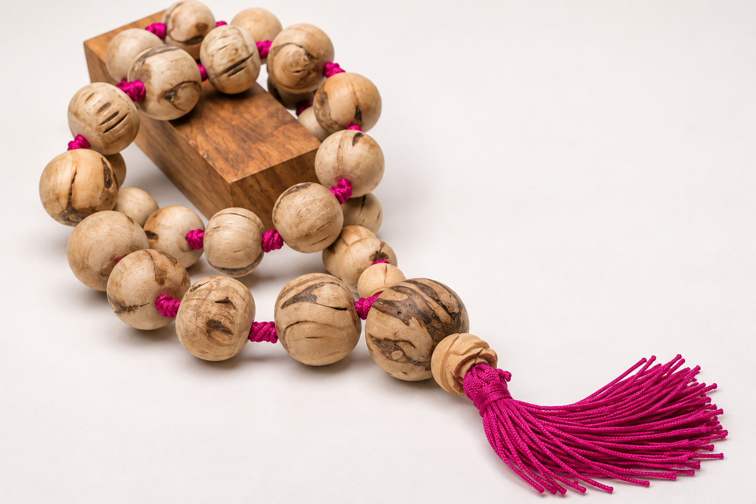 Natural Wood Mala with Magenta Tassel