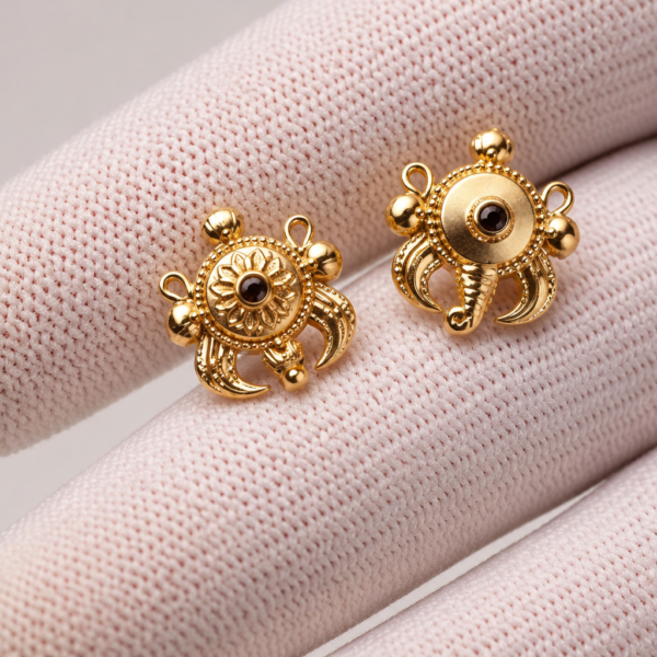 Shankh Chakra Earrings, Gold Plated Silver, 11mm Vaishnava Jewelry