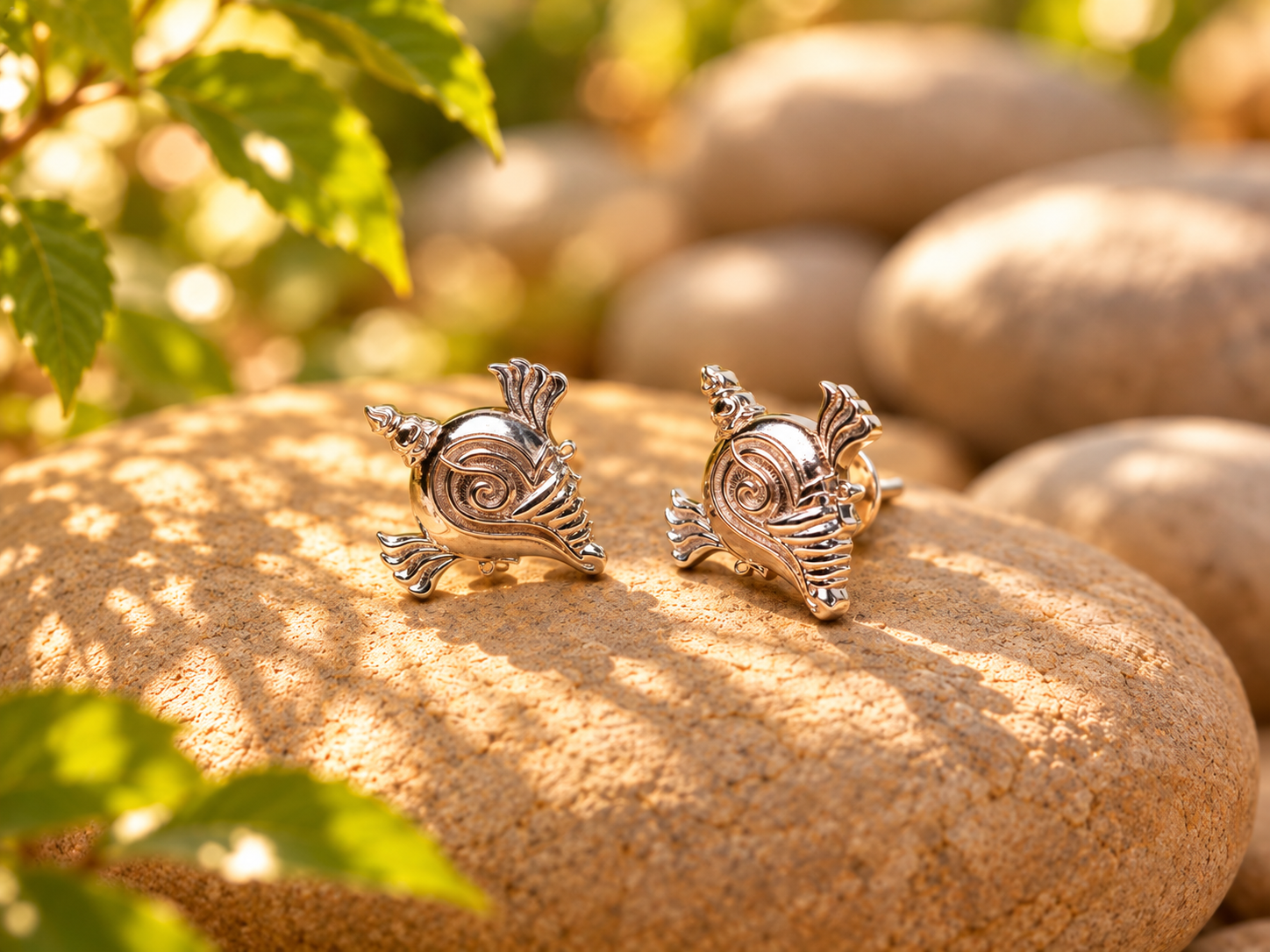 Silver Conch Earrings in Sunlit Garden