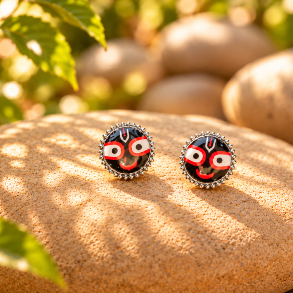 Silver Jagannath Earrings, 1 cm Enamel Hindu Devotional Stud Earrings
