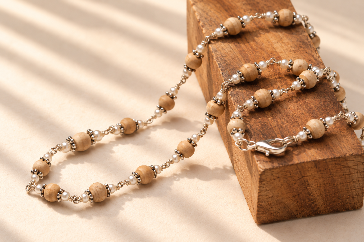 Sunlit Wood and Pearl Necklace